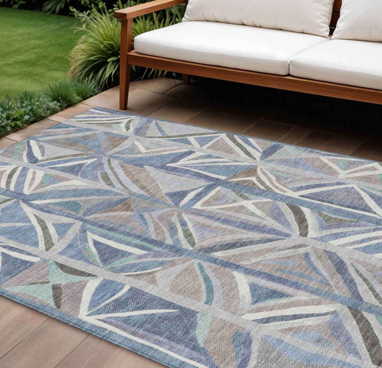 9' X 12' Denim Blue And Ivory Geometric Washable Indoor Outdoor Area Rug