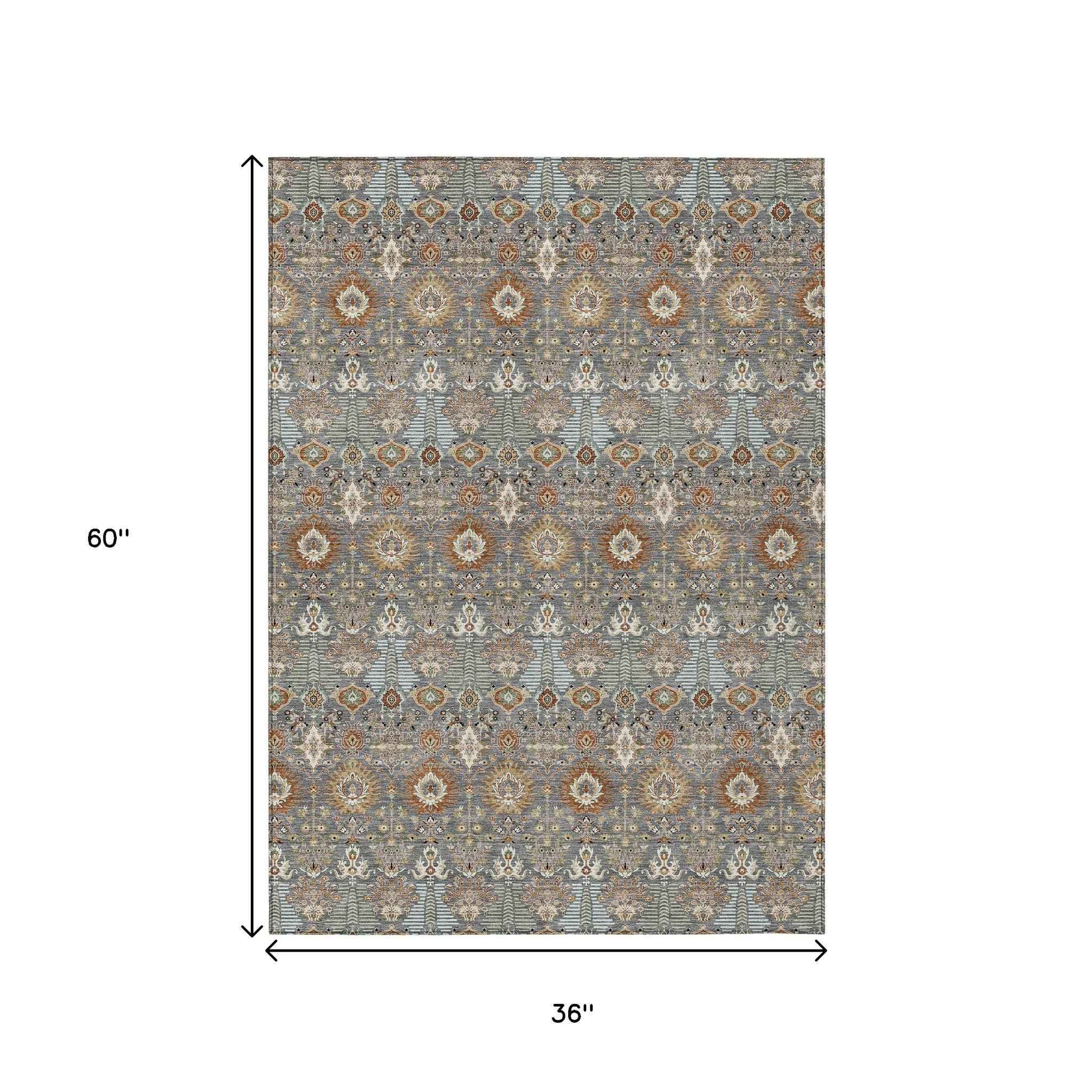 3' X 5' Gray And Copper Floral Washable Indoor Outdoor Area Rug