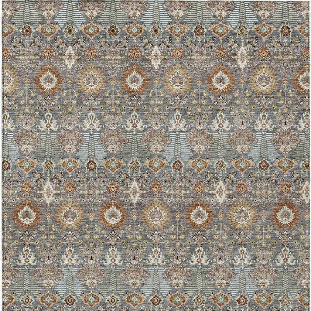 3' X 5' Gray And Copper Floral Washable Indoor Outdoor Area Rug