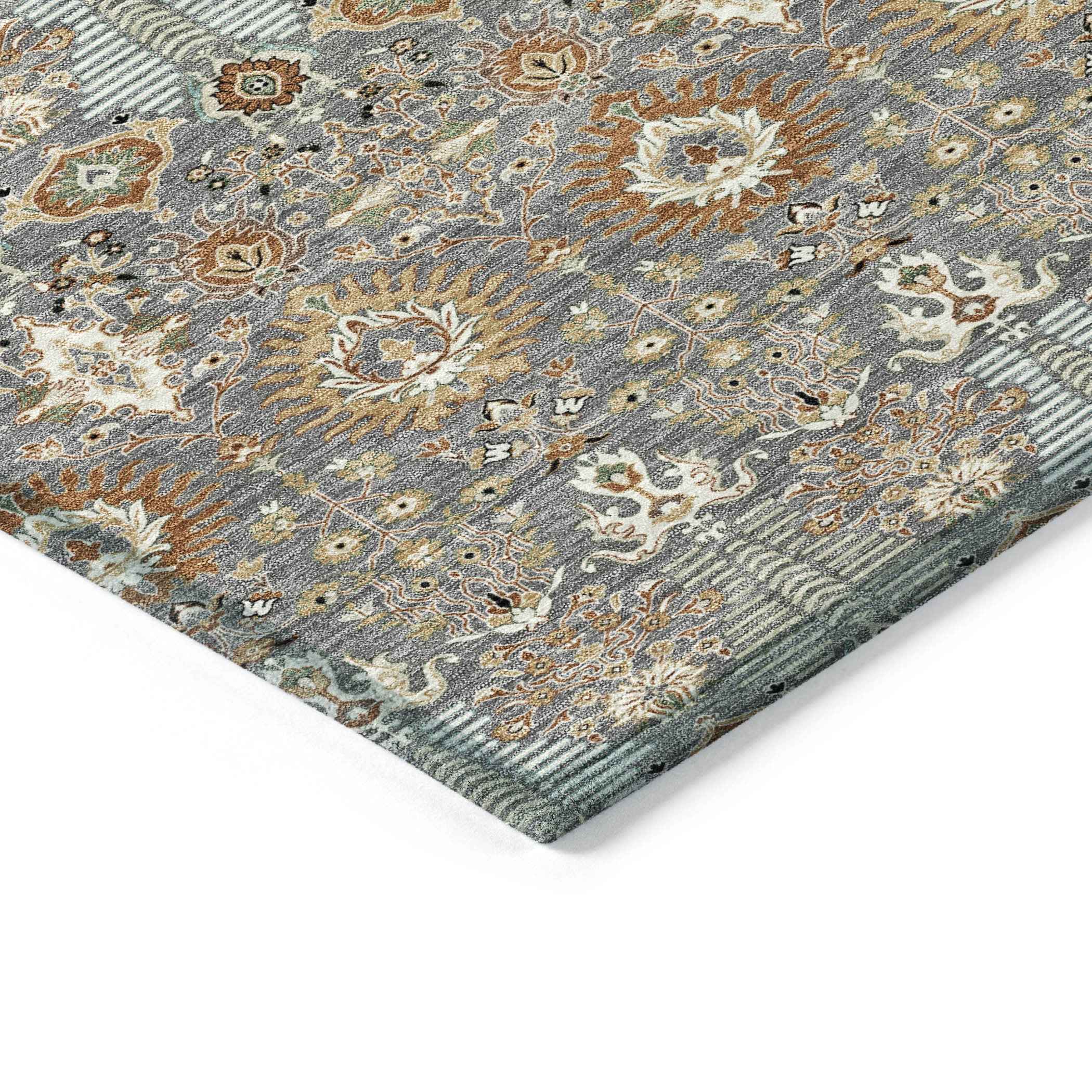 3' X 5' Gray And Copper Floral Washable Indoor Outdoor Area Rug