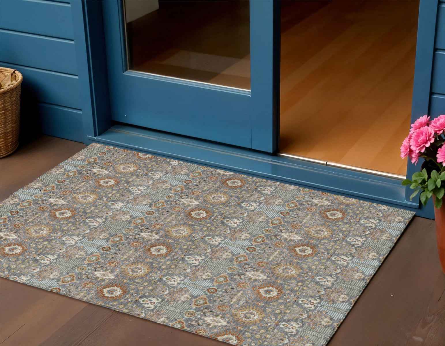 3' X 5' Gray And Copper Floral Washable Indoor Outdoor Area Rug
