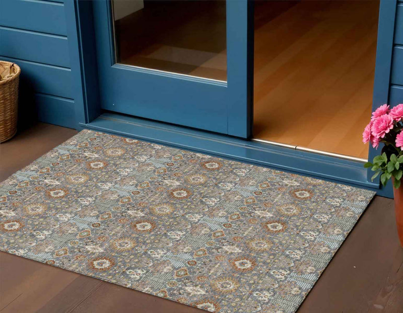 3' X 5' Gray And Copper Floral Washable Indoor Outdoor Area Rug