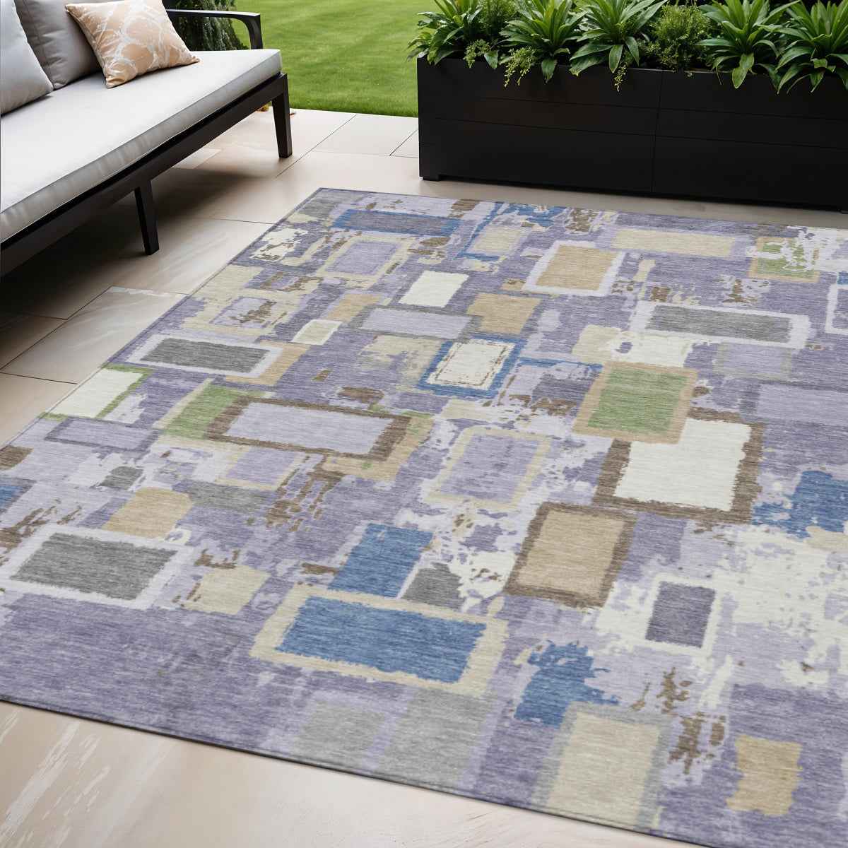 5' X 8' Purple Tan And Ivory Geometric Washable Indoor Outdoor Area Rug