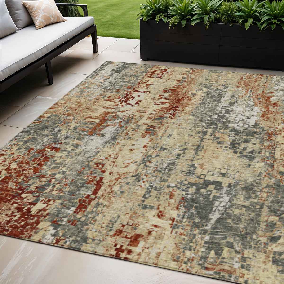 5' X 8' Pewter Rust And Gray Abstract Washable Indoor Outdoor Area Rug