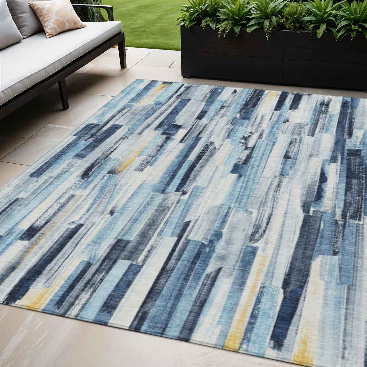 5' X 8' Denim Blue And Ivory Striped Washable Indoor Outdoor Area Rug