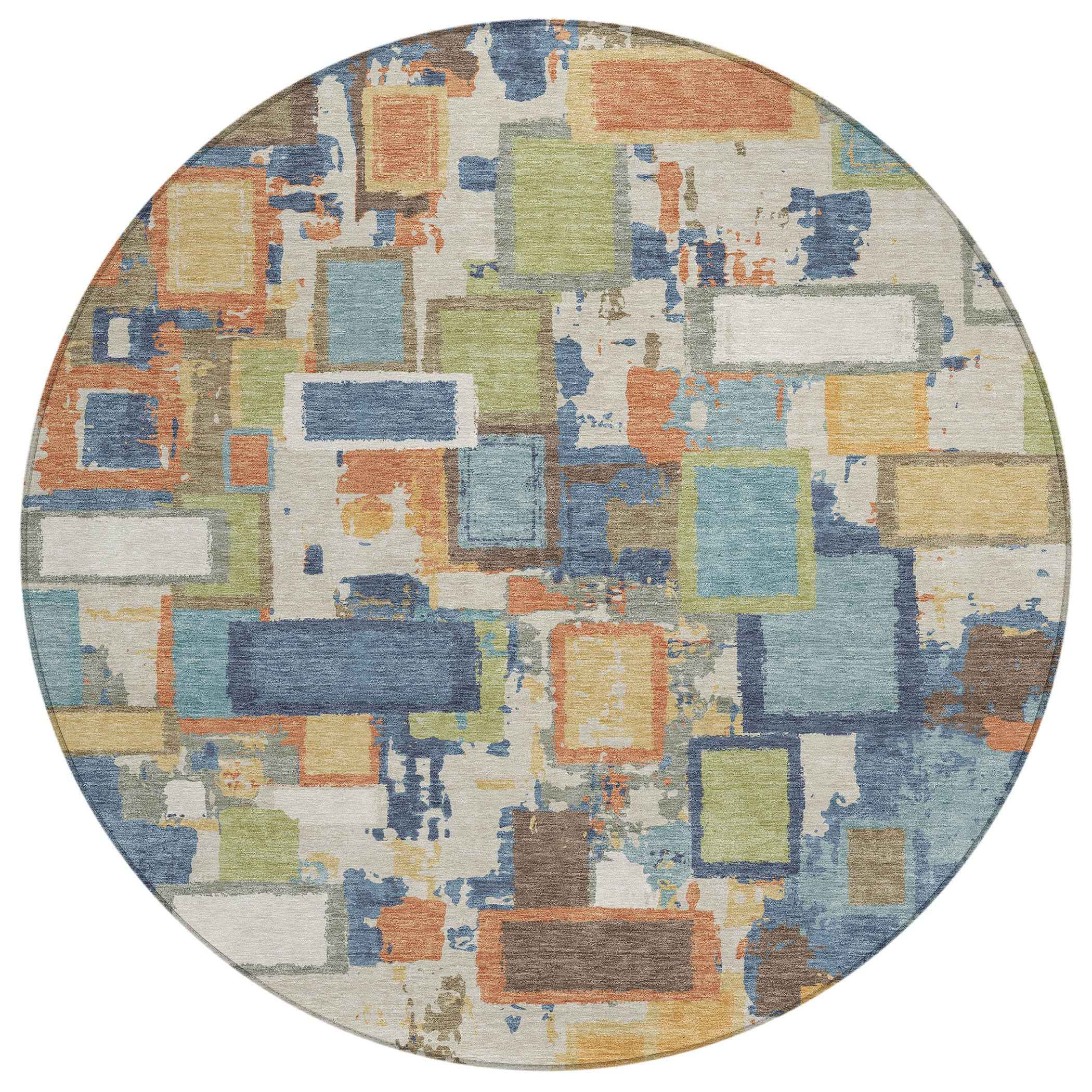 8' Denim Blue Copper And Green Round Geometric Washable Indoor Outdoor Area Rug