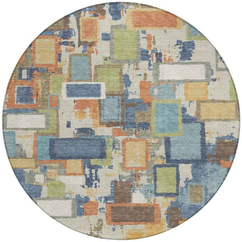8' Denim Blue Copper And Green Round Geometric Washable Indoor Outdoor Area Rug