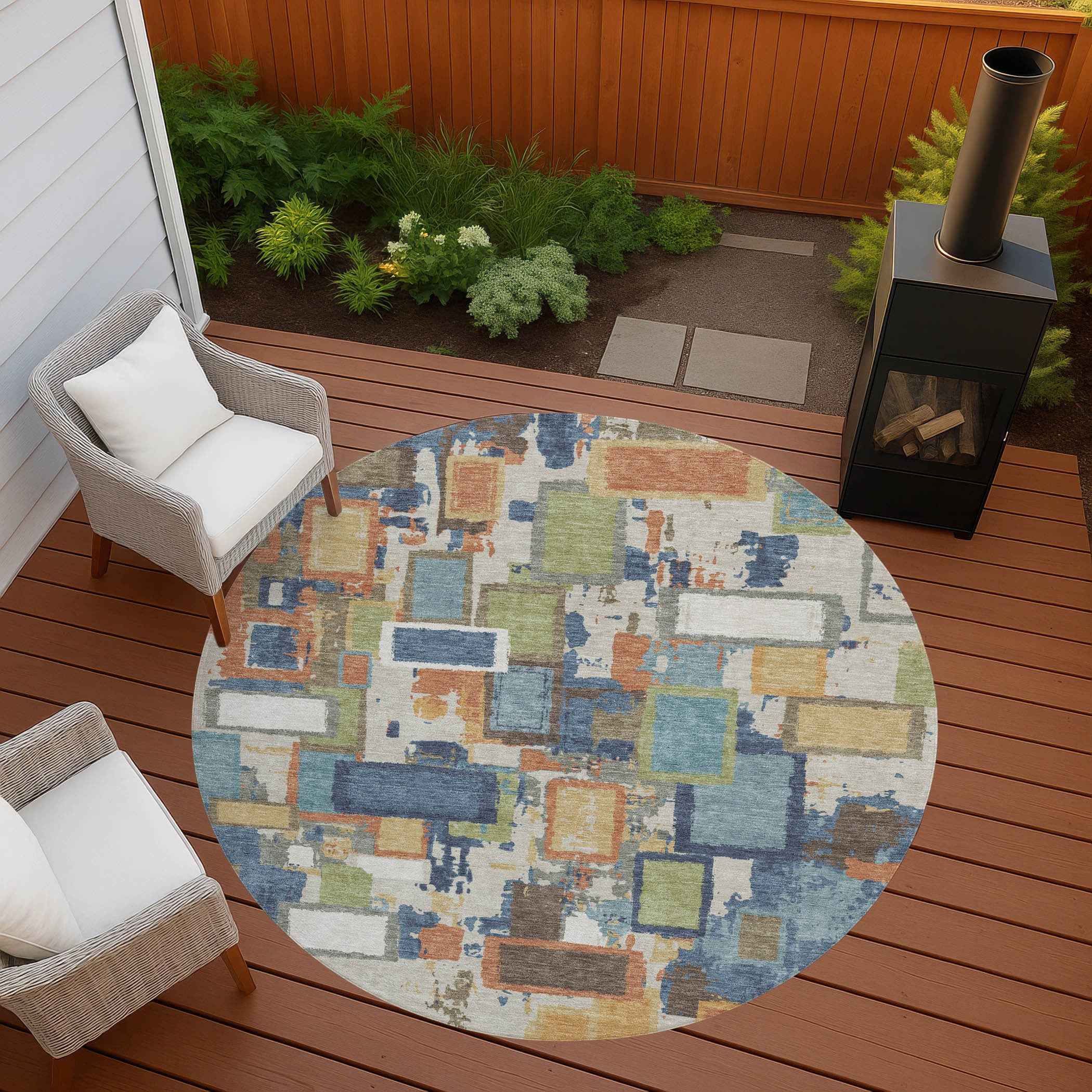8' Denim Blue Copper And Green Round Geometric Washable Indoor Outdoor Area Rug