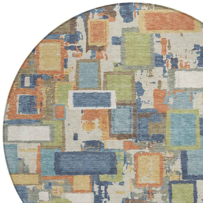 8' Denim Blue Copper And Green Round Geometric Washable Indoor Outdoor Area Rug