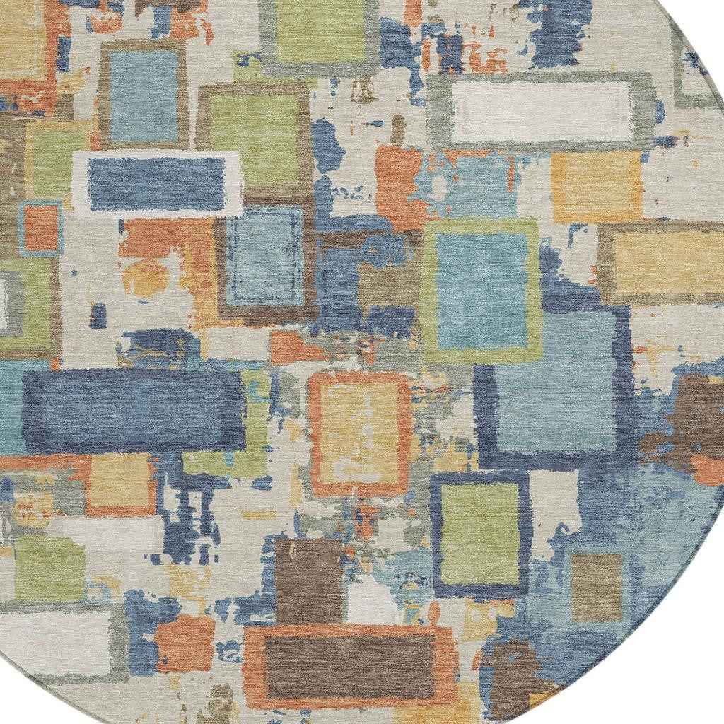 8' Denim Blue Copper And Green Round Geometric Washable Indoor Outdoor Area Rug