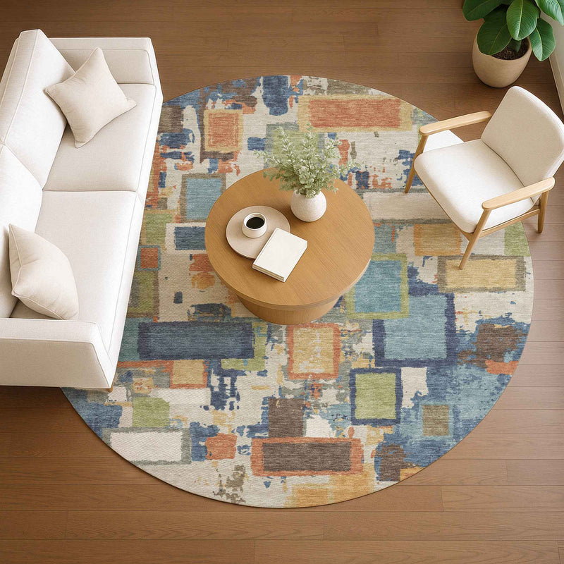 8' Denim Blue Copper And Green Round Geometric Washable Indoor Outdoor Area Rug