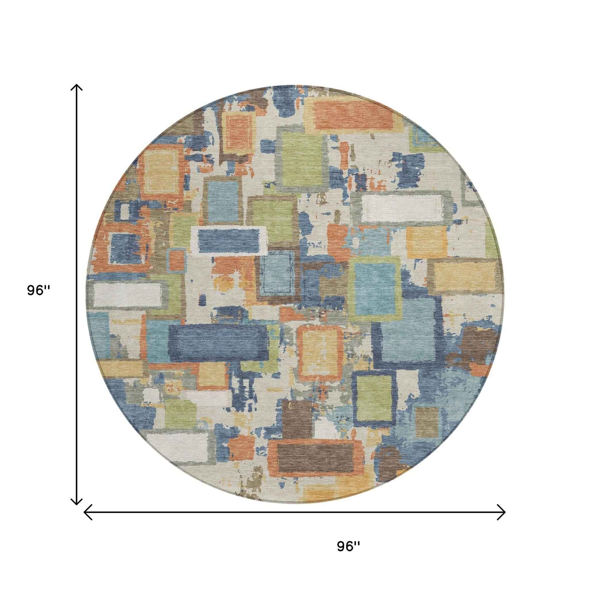 8' Denim Blue Copper And Green Round Geometric Washable Indoor Outdoor Area Rug