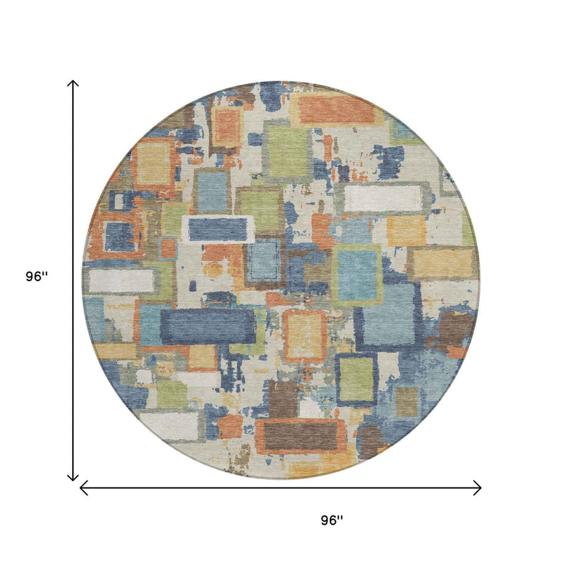 8' Denim Blue Copper And Green Round Geometric Washable Indoor Outdoor Area Rug