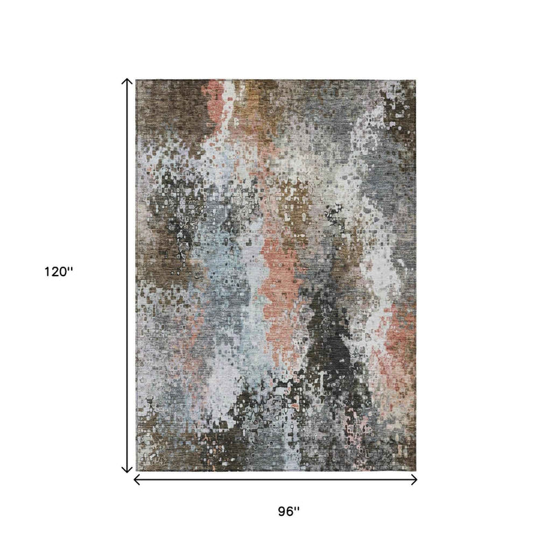 8' X 10' Granite Gray Ivory And Coral Abstract Washable Indoor Outdoor Area Rug