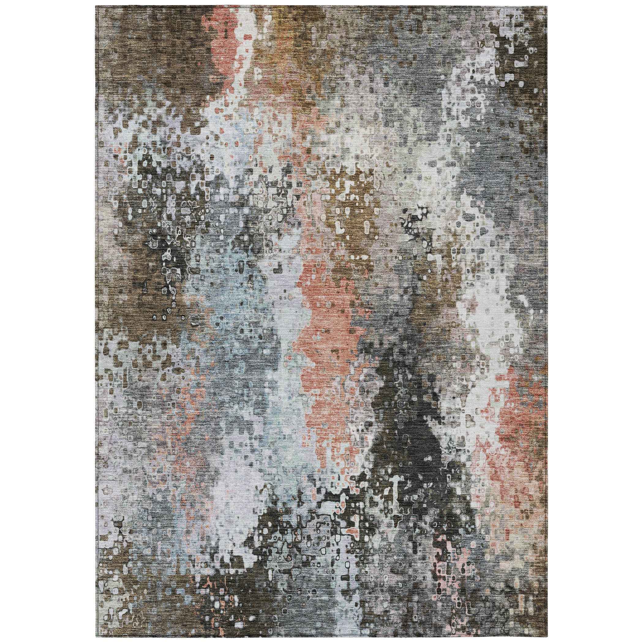 8' X 10' Granite Gray Ivory And Coral Abstract Washable Indoor Outdoor Area Rug