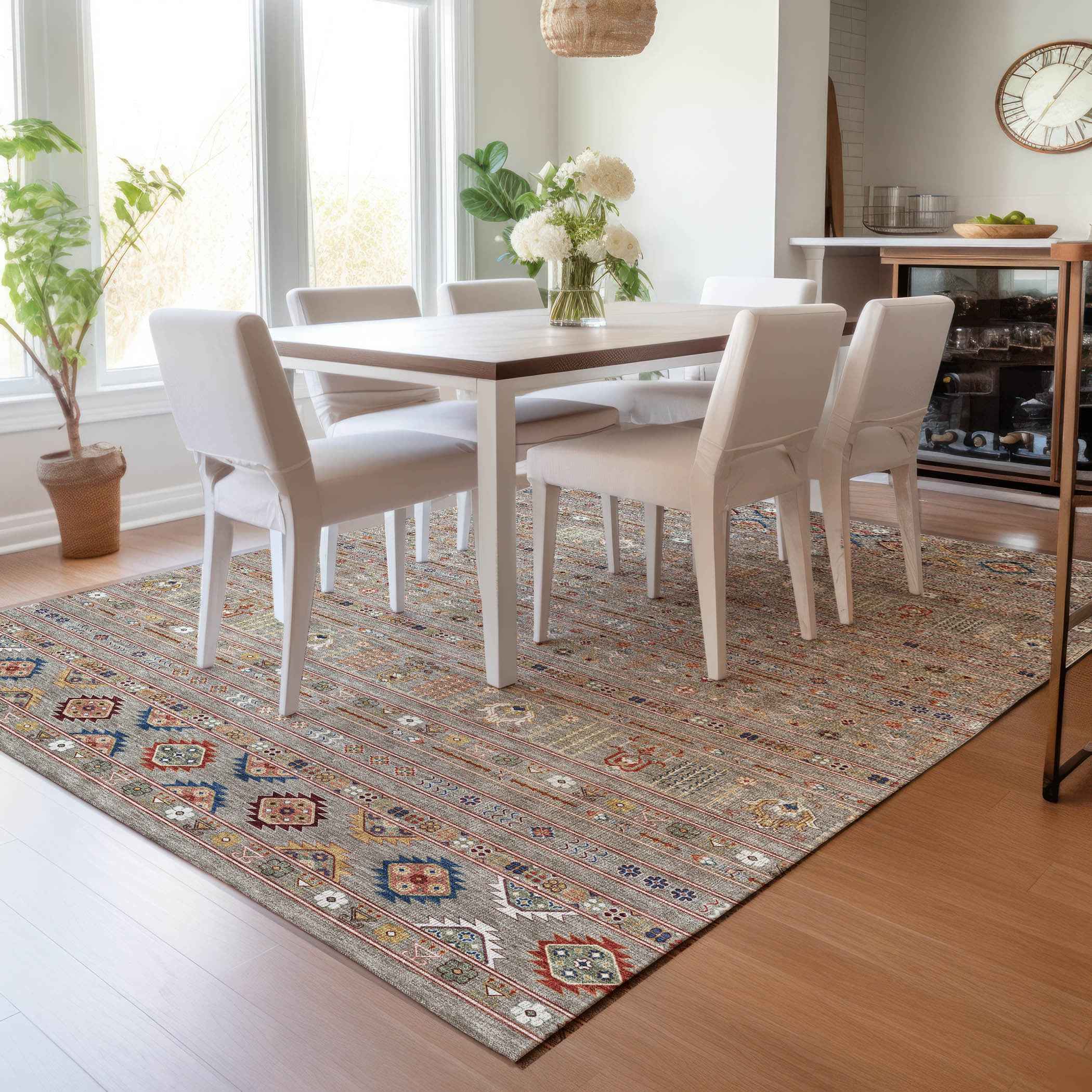 8' X 10' Taupe Blue And Copper Tribal Washable Indoor Outdoor Area Rug