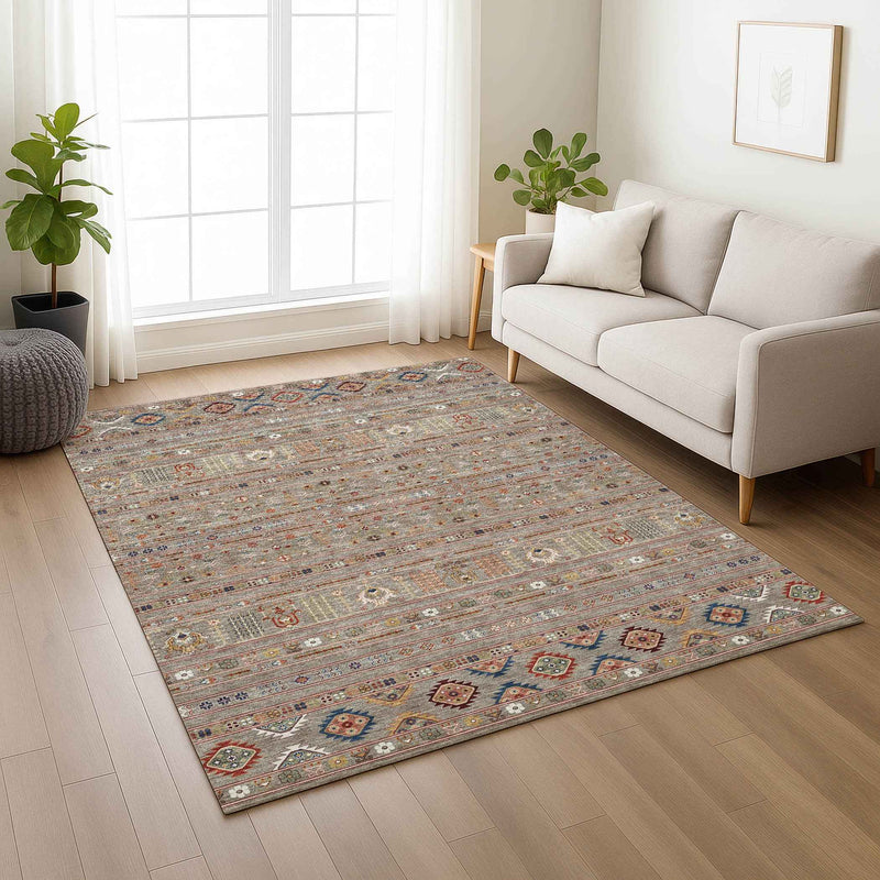 8' X 10' Taupe Blue And Copper Tribal Washable Indoor Outdoor Area Rug