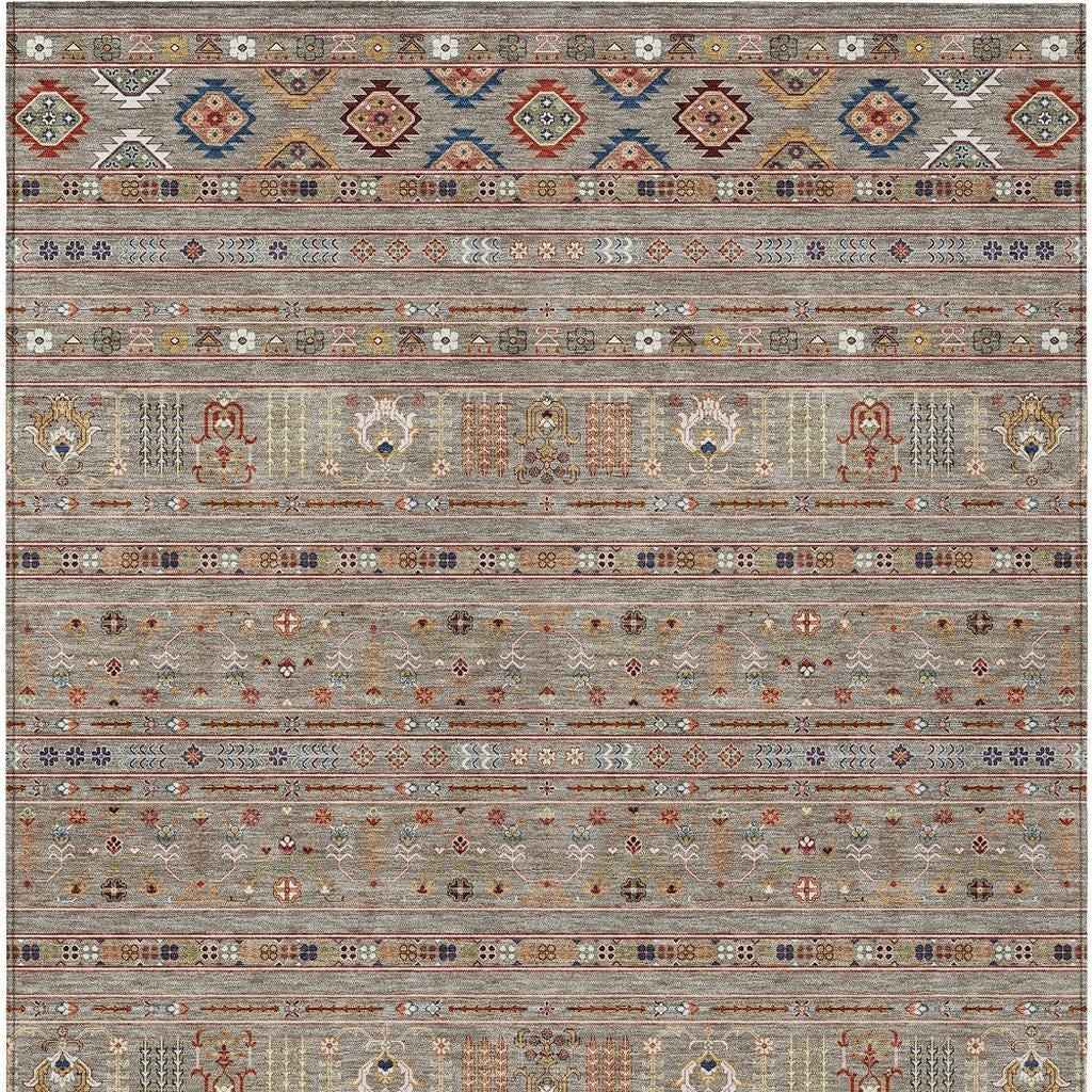 8' X 10' Taupe Blue And Copper Tribal Washable Indoor Outdoor Area Rug