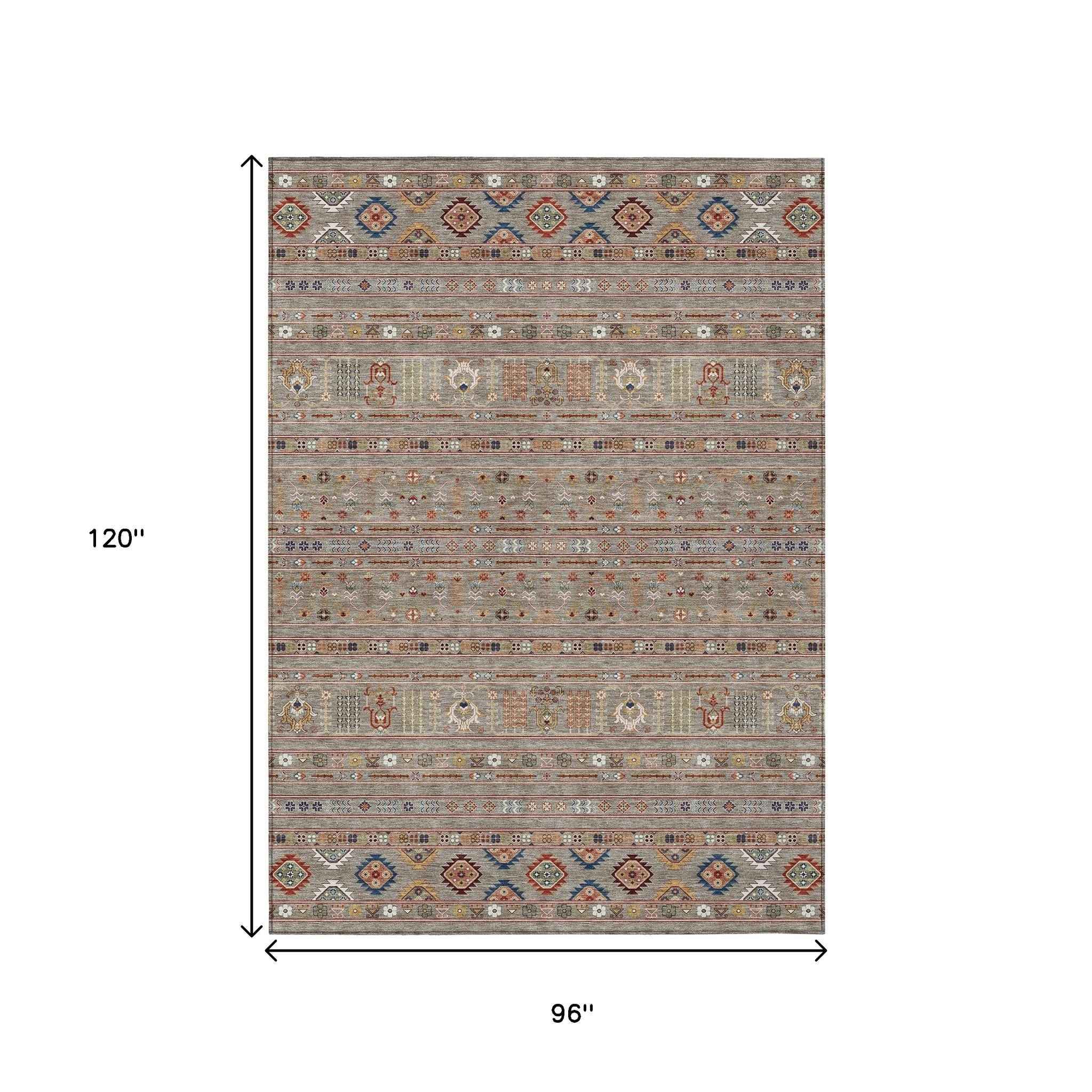 8' X 10' Taupe Blue And Copper Tribal Washable Indoor Outdoor Area Rug