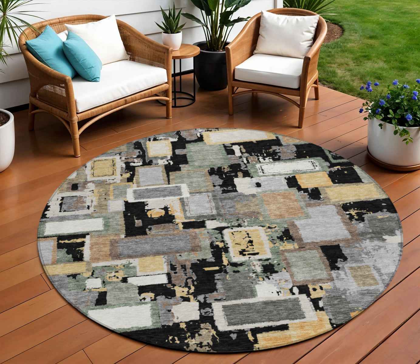 8' Beige Ivory And Charcoal Round Animal Print Washable Indoor Outdoor Area Rug