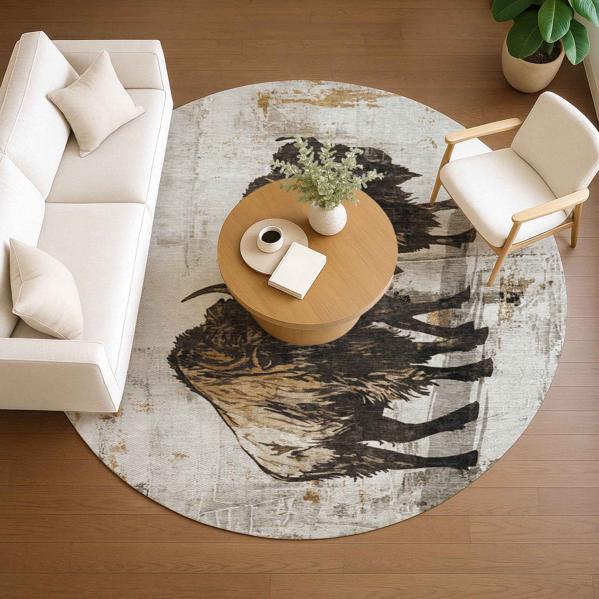 8' Beige Ivory And Charcoal Round Animal Print Washable Indoor Outdoor Area Rug
