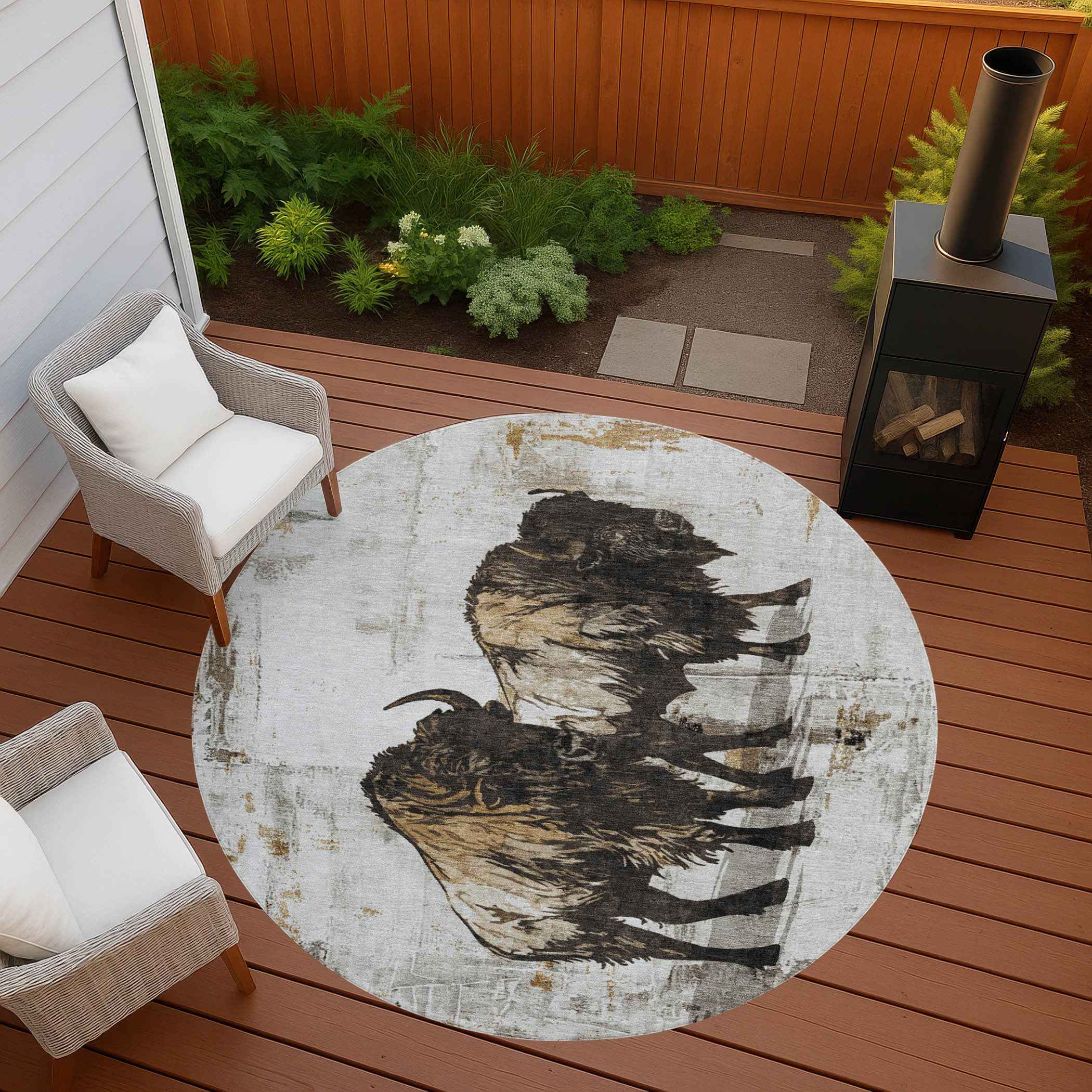 8' Beige Ivory And Charcoal Round Animal Print Washable Indoor Outdoor Area Rug