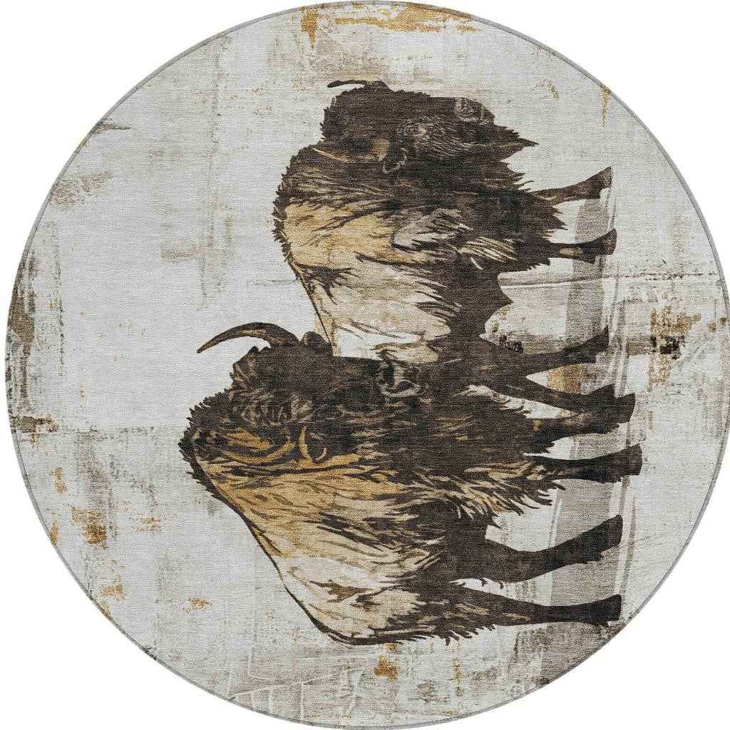 8' Beige Ivory And Charcoal Round Animal Print Washable Indoor Outdoor Area Rug