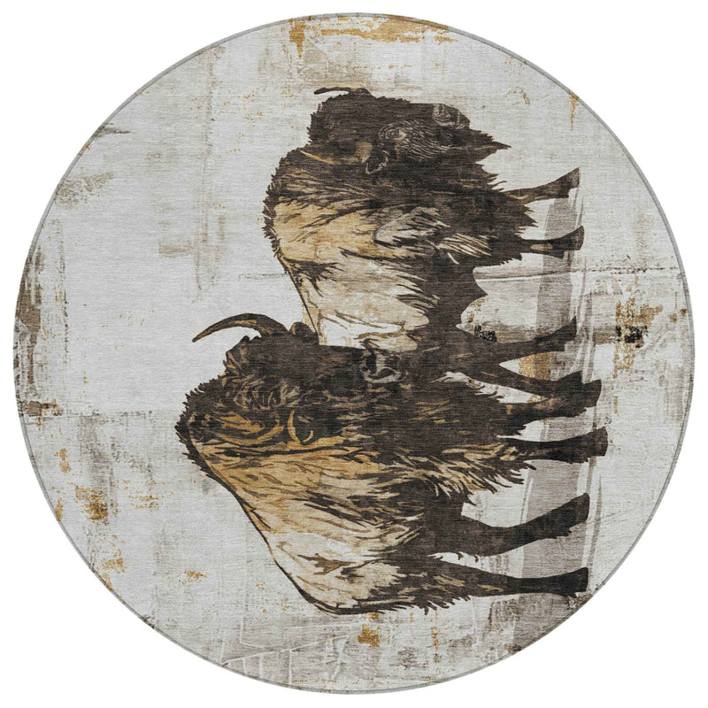 8' Beige Ivory And Charcoal Round Animal Print Washable Indoor Outdoor Area Rug