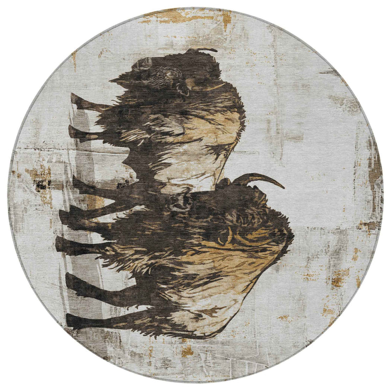 8' Beige Ivory And Charcoal Round Animal Print Washable Indoor Outdoor Area Rug