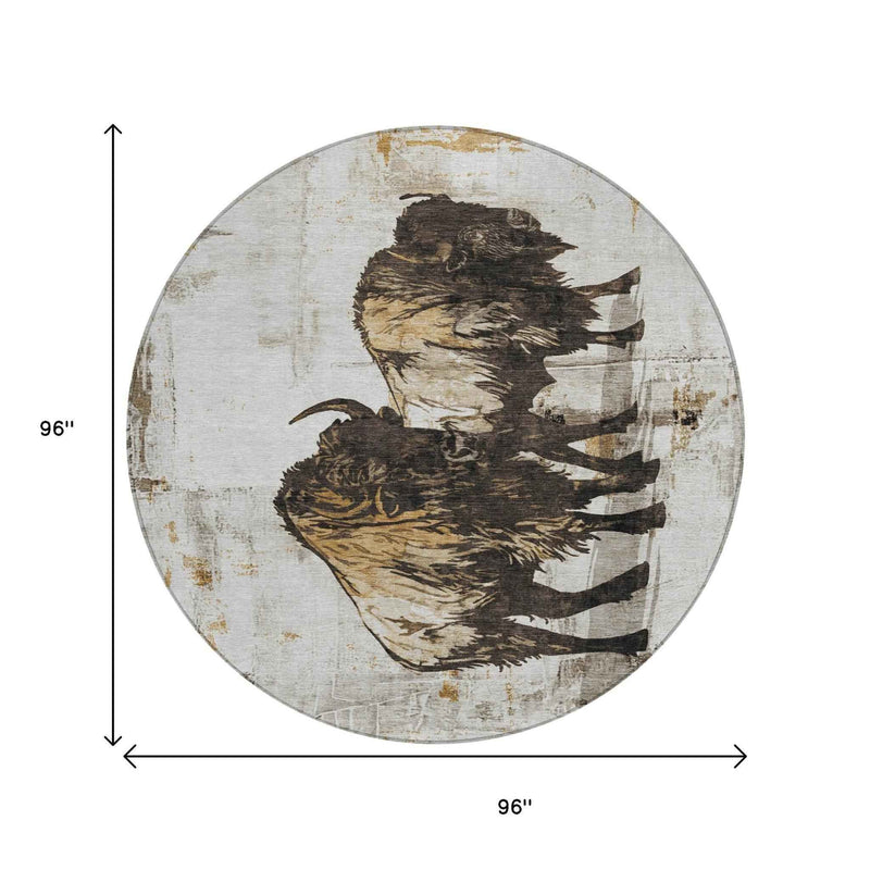 8' Beige Ivory And Charcoal Round Animal Print Washable Indoor Outdoor Area Rug