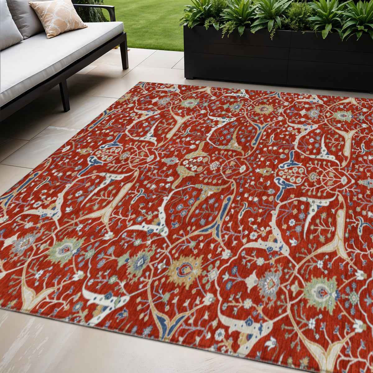 5' X 8' Red Blue And Ivory Floral Washable Indoor Outdoor Area Rug