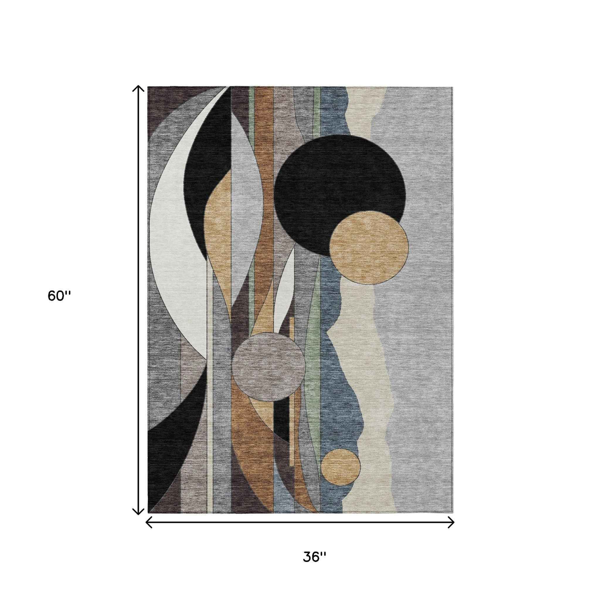 3' X 5' Gray Black And Gold Geometric Washable Indoor Outdoor Area Rug