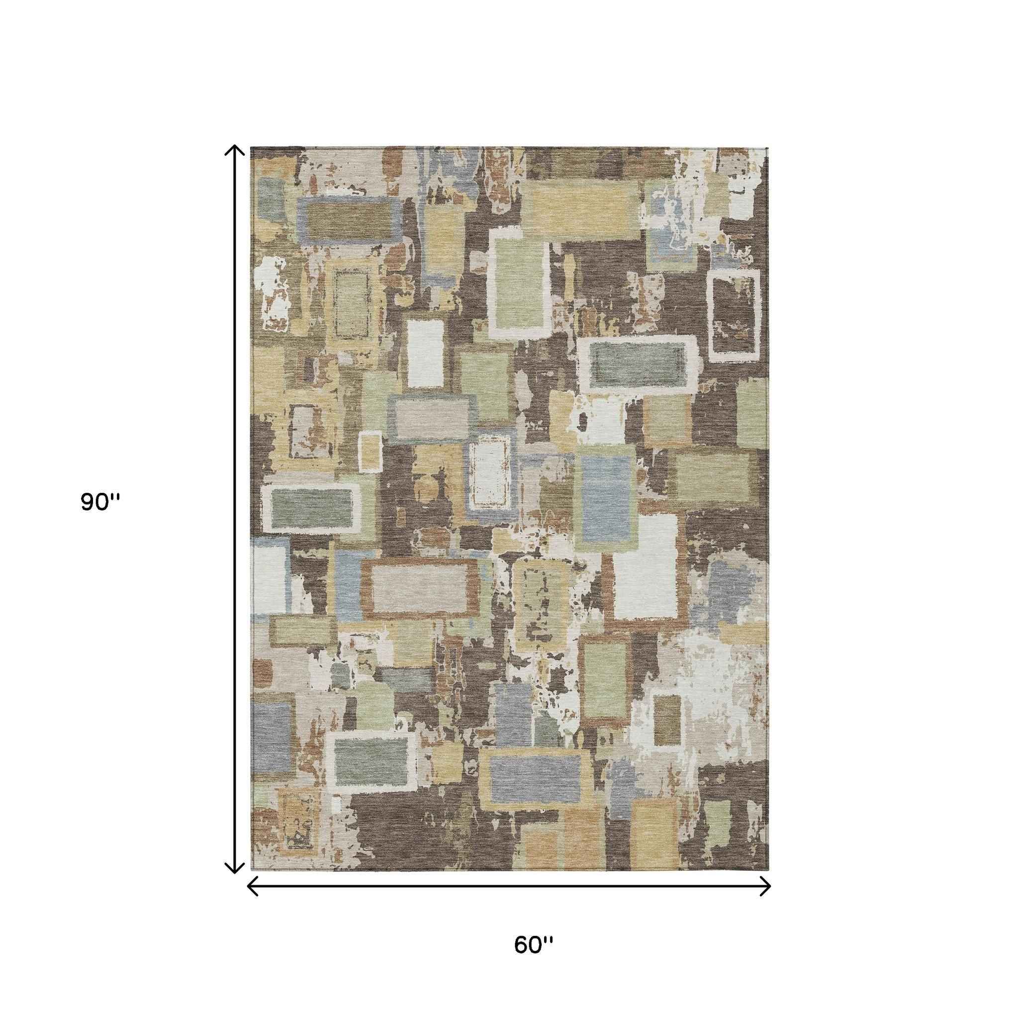 5' X 8' Brown Ivory And Gray Geometric Washable Indoor Outdoor Area Rug