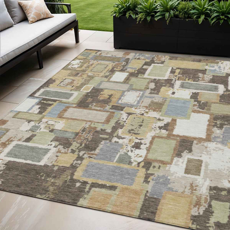 5' X 8' Brown Ivory And Gray Geometric Washable Indoor Outdoor Area Rug