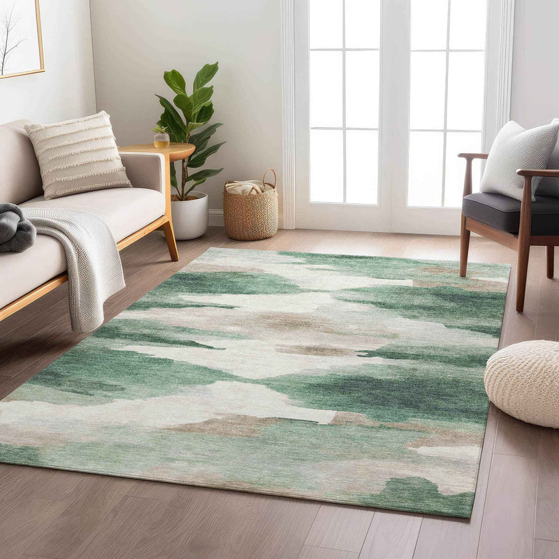 3' X 5' Green And Ivory Abstract Washable Indoor Outdoor Area Rug