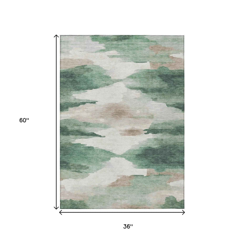 3' X 5' Green And Ivory Abstract Washable Indoor Outdoor Area Rug