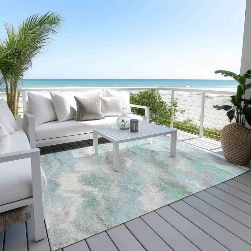 8' X 10' Teal Blue And Ivory Abstract Washable Indoor Outdoor Area Rug