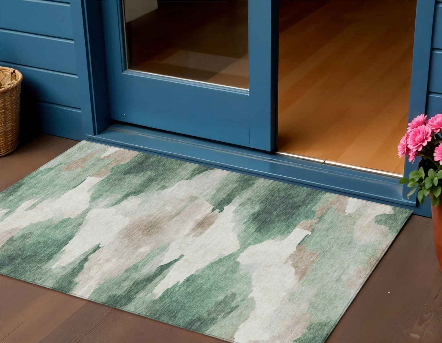 3' X 5' Green And Ivory Abstract Washable Indoor Outdoor Area Rug