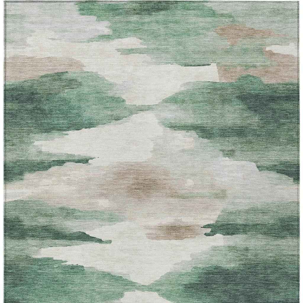3' X 5' Green And Ivory Abstract Washable Indoor Outdoor Area Rug