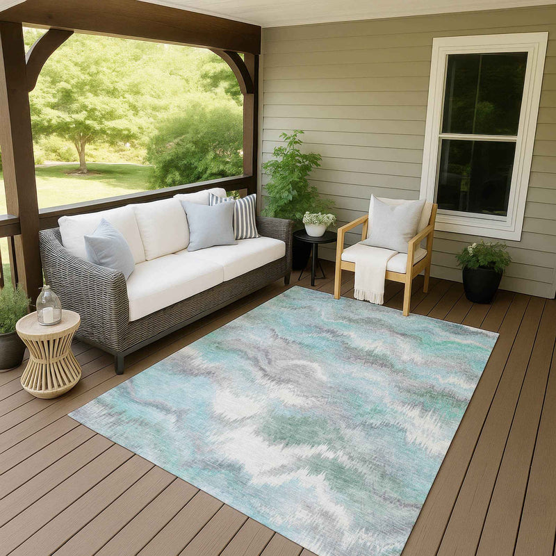 8' X 10' Teal Blue And Ivory Abstract Washable Indoor Outdoor Area Rug