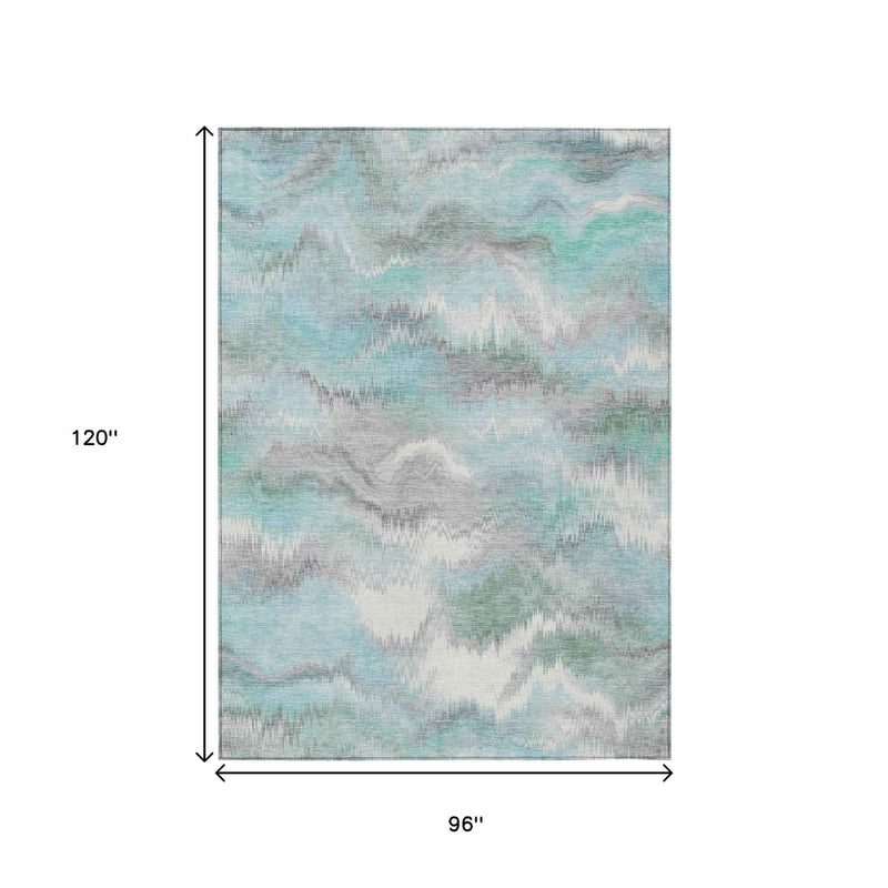 8' X 10' Teal Blue And Ivory Abstract Washable Indoor Outdoor Area Rug
