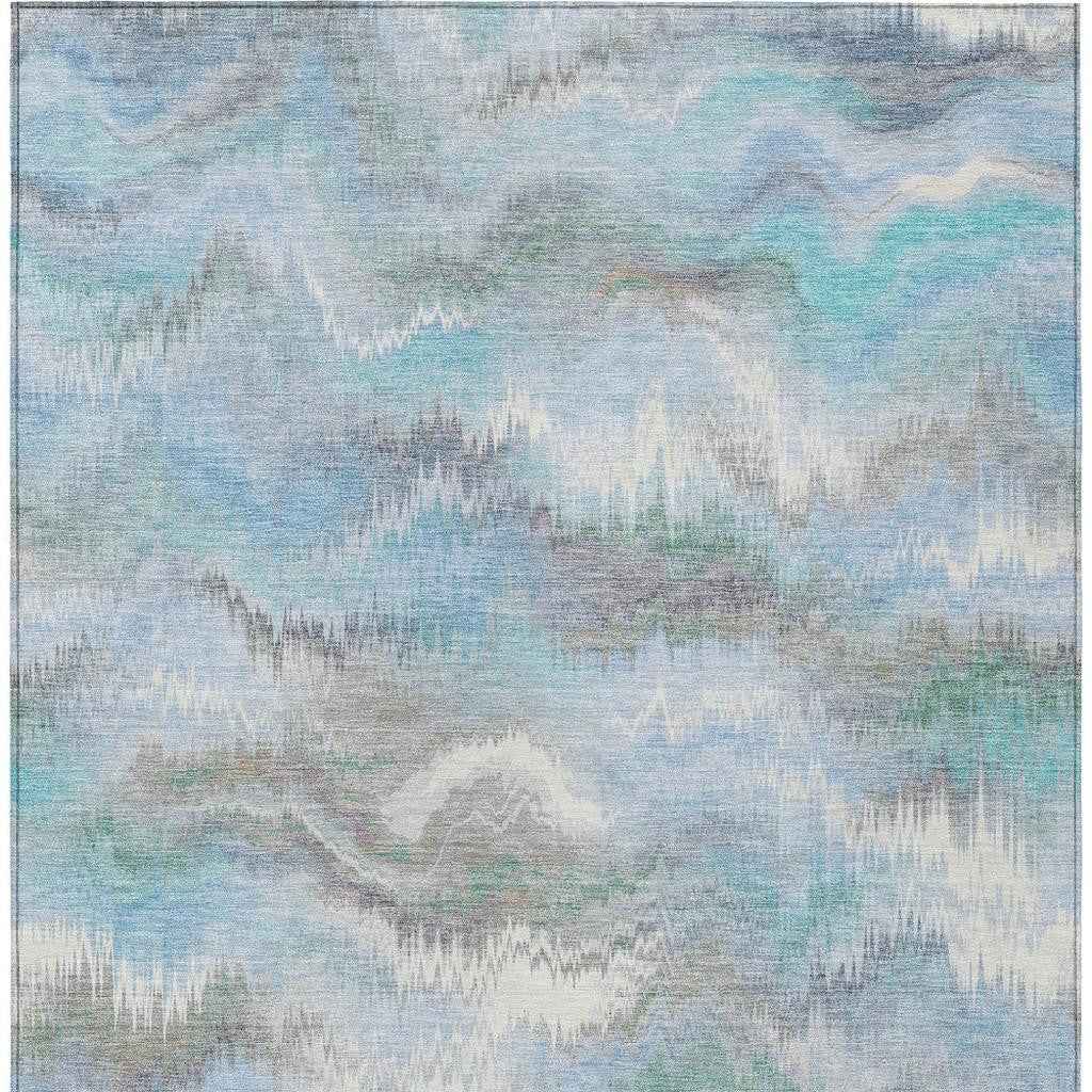 9' X 12' Denim Blue And Ivory Abstract Washable Indoor Outdoor Area Rug