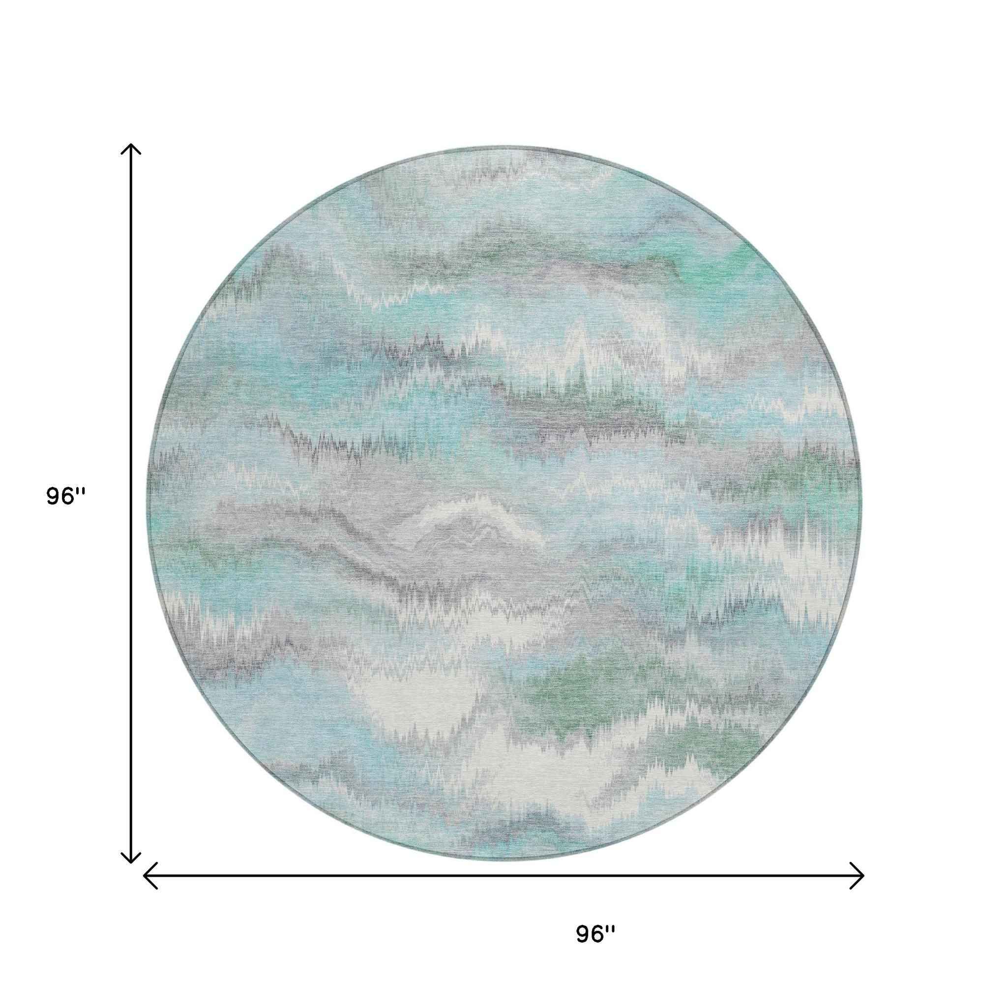 8' Teal Blue And Ivory Round Abstract Washable Indoor Outdoor Area Rug