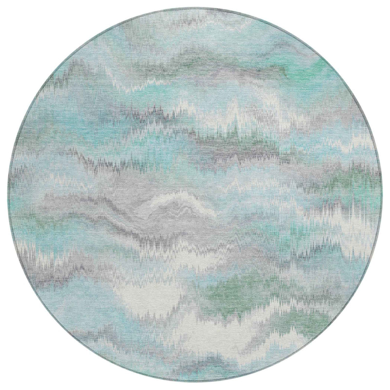 8' Teal Blue And Ivory Round Abstract Washable Indoor Outdoor Area Rug