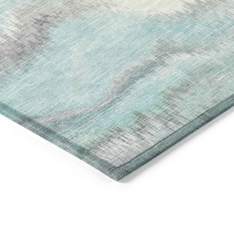 8' Teal Blue And Ivory Round Abstract Washable Indoor Outdoor Area Rug