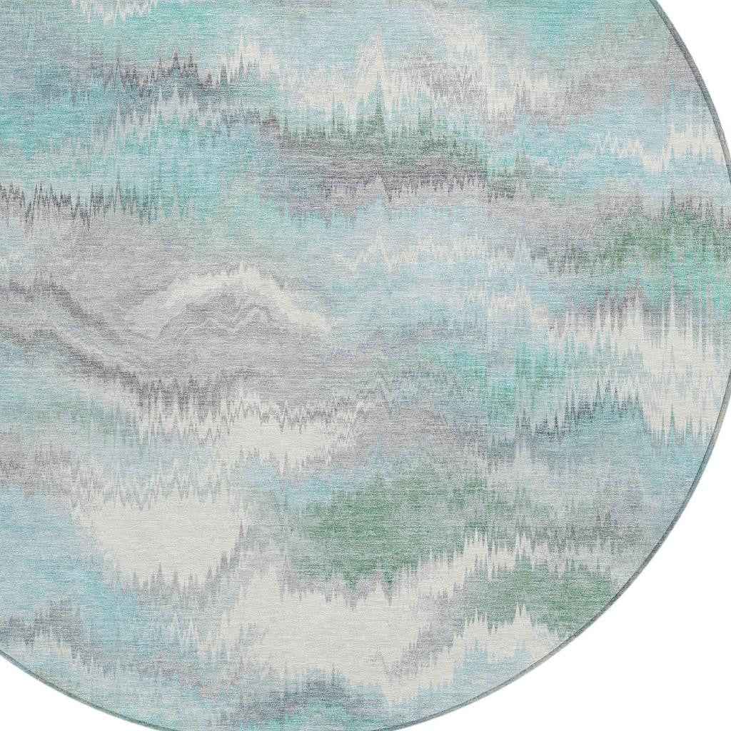 8' Teal Blue And Ivory Round Abstract Washable Indoor Outdoor Area Rug