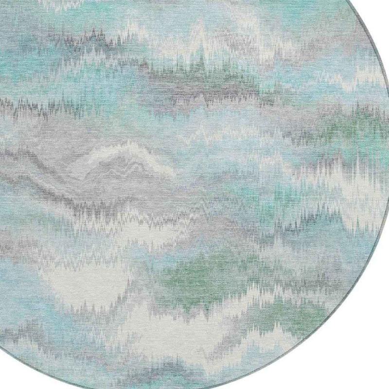 8' Teal Blue And Ivory Round Abstract Washable Indoor Outdoor Area Rug