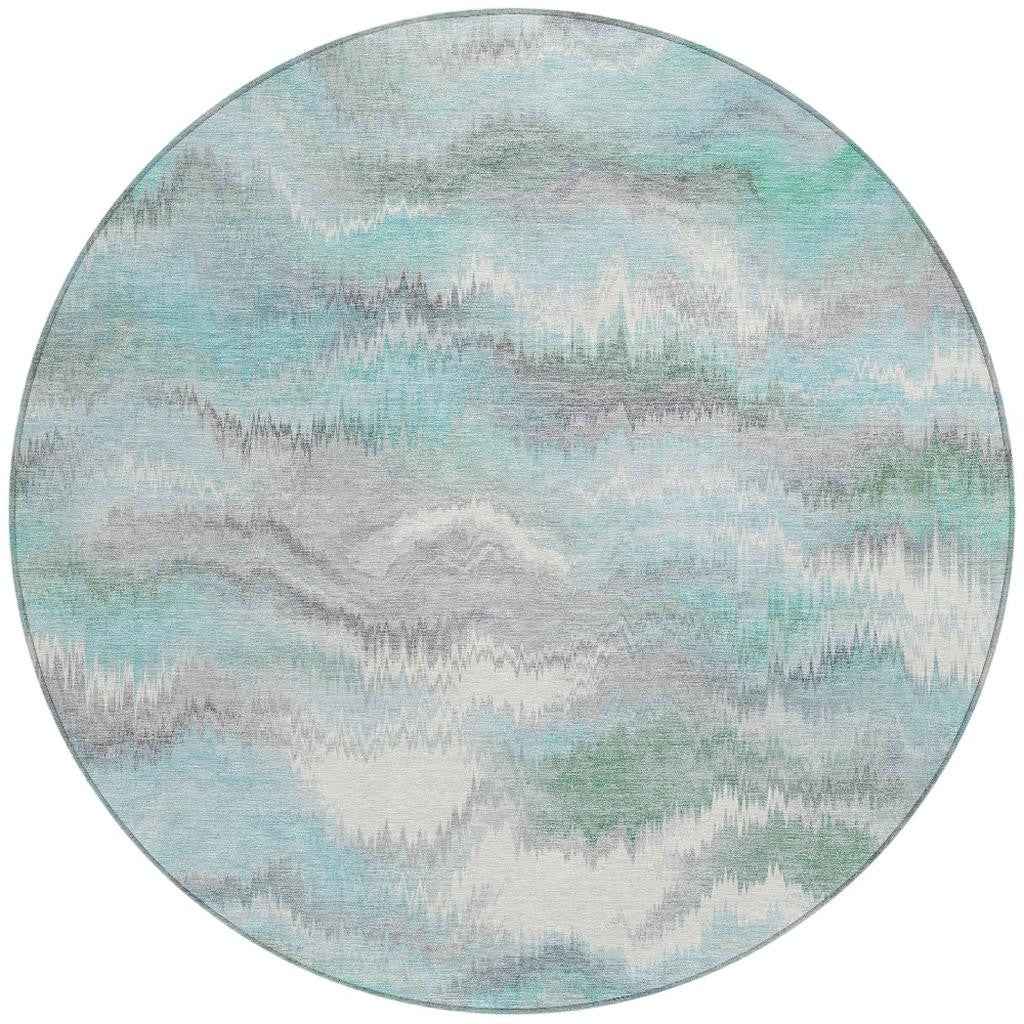 8' Teal Blue And Ivory Round Abstract Washable Indoor Outdoor Area Rug