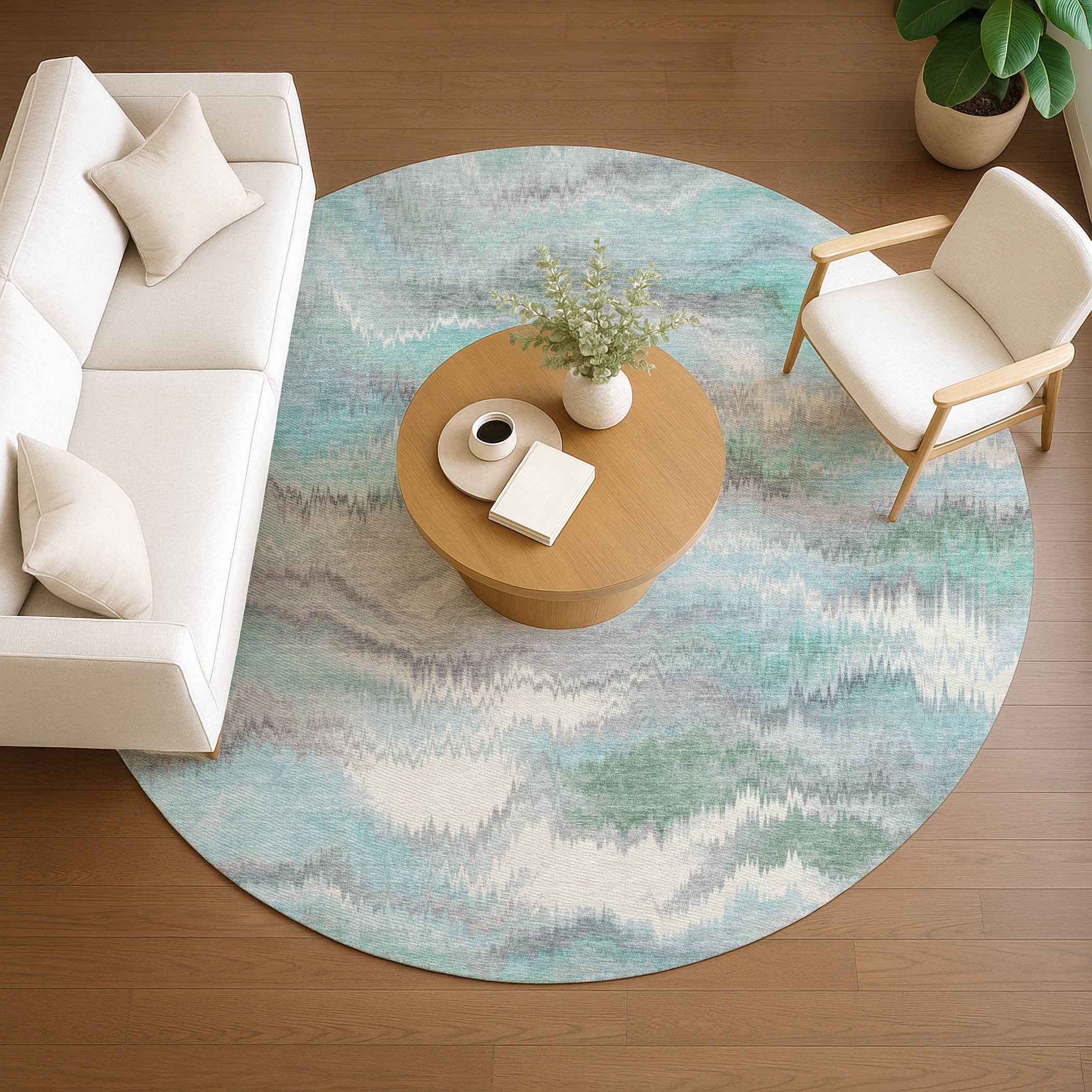 8' Teal Blue And Ivory Round Abstract Washable Indoor Outdoor Area Rug