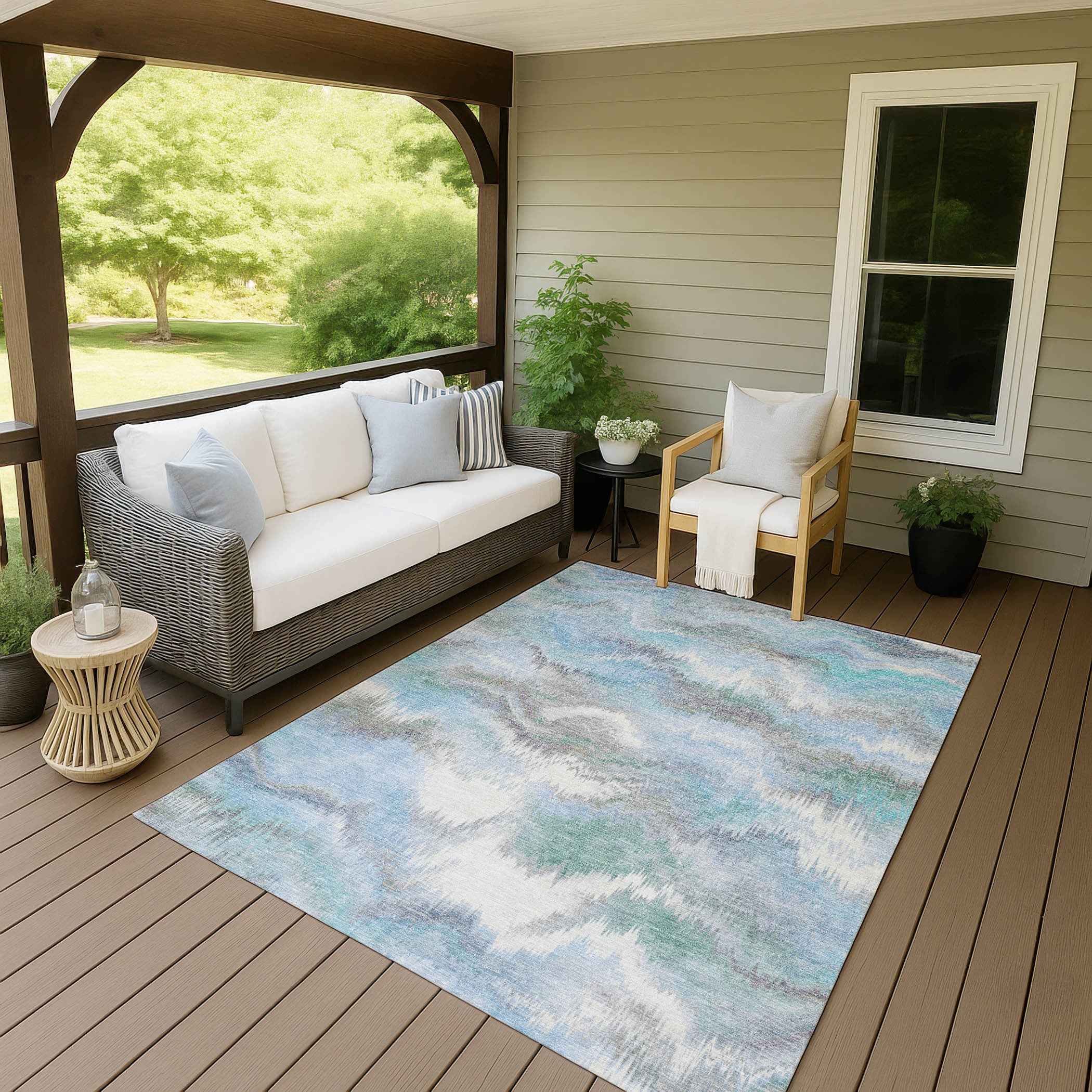3' X 5' Denim Blue And Ivory Abstract Washable Indoor Outdoor Area Rug